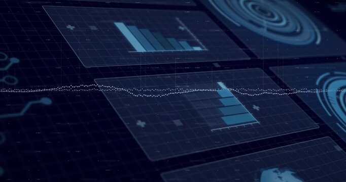 L-shaped line appearing, paired panels filling with bars while waveform scrolling, monitoring data