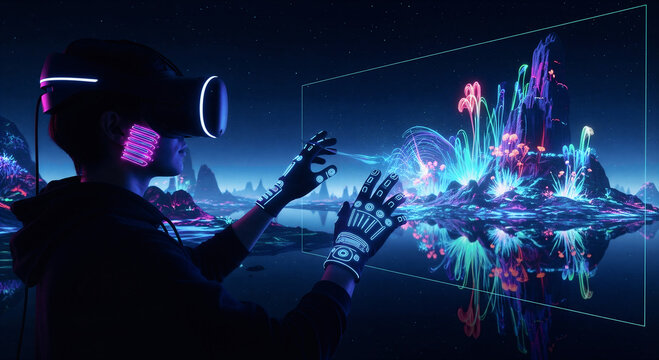 Immersive vr experience with glowing digital art in metaverse