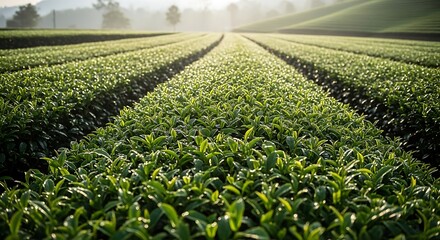 Rows of lush green tea bushes growing in a plantation field under soft morning light and mist in the background