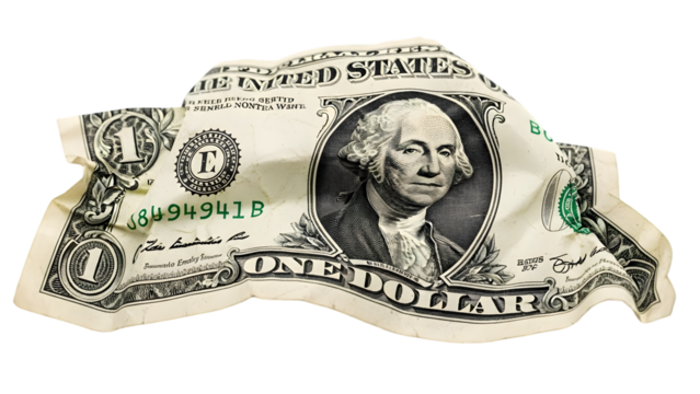 Crumpled Money Note, crumpled money note, wrinkles and texture visible, isolated on white background