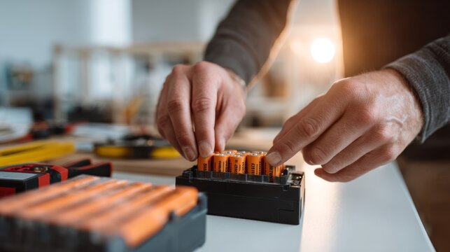 A close-up of a person's hands carefully placing batteries into a charger, showcasing focus and precision in a home workshop setting.