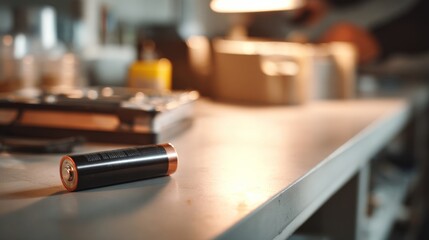 Close-up of a battery on a workshop table, showcasing fine details against a softly lit background.