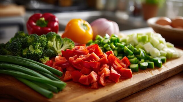 A vibrant assortment of fresh vegetables prepared on a cutting board, showcasing bright colors and textures. - Powered by Adobe