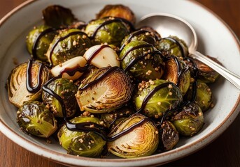 Fototapeta premium Closeup of roasted brussels sprouts drizzled with balsamic glaze served in a rustic white bowl with a silver spoon