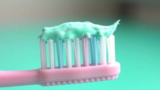 Close-up of a pink toothbrush with a mint-colored substance on its bristles against a soft green gradient background