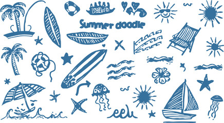 Vibrant summer doodle collection with tropical elements and bold colors