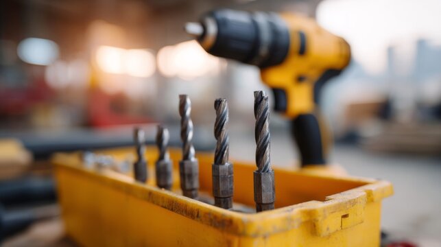 Close-up of metal drill bits beside a cordless drill, showcasing tools for DIY projects on a workspace.