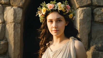 god Proserpina Roman goddess of spring, wearing a floral crown, standing at Ethereal Woman in Floral Crown and Classical Gown by Ancient Stone Archway, Serene Portrait Evoking Mythological Beauty - Powered by Adobe