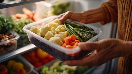 A close-up of hands holding a container filled with fresh vegetables, including cauliflower, asparagus, and carrots, inside a refrigerator.
