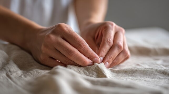 A close-up of a woman's hands skillfully working with fabric, showcasing detailed sewing techniques and textures.
