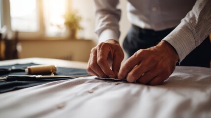 A focused male tailor meticulously repairing a shirt, showcasing skilled craftsmanship in a bright, cozy workspace.