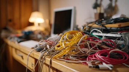 A chaotic workspace adorned with a tangle of colorful cables and an illuminated lamp, highlighting a creative atmosphere.