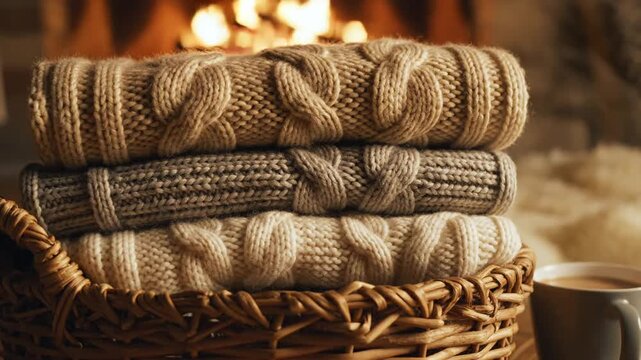 Cozy Knitwear Basket A stack of soft neutral-toned knitted sweaters sits invitingly in a wicker bask 4K 10s 77363485 1
