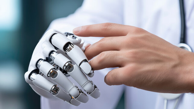 close-up of doctor's hands programming medical robot for diagnostics,