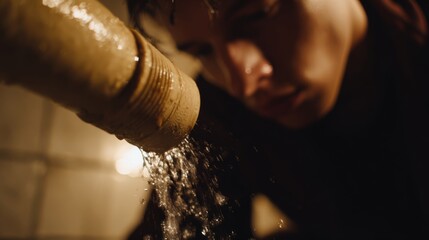 A young male in a dimly lit room inspects a leaking pipe, expressing concern and determination as water drips visibly from the pipe.