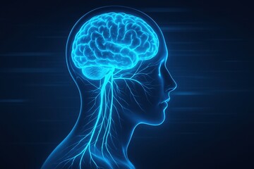 Obraz premium Wide View of Transparent Human Head with Glowing Brain and Nerve Fiber Network for Futuristic Medical Concepts
