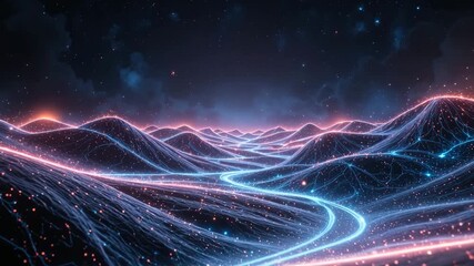 Virtual fractal realms of blue light and energy with a technology design pattern and shine texture wave glow against a black backdrop - Powered by Adobe