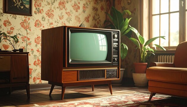 Vintage television with a static-filled screen placed in a nostalgic retro living room environment that highlights classic analog style for advertising themes.