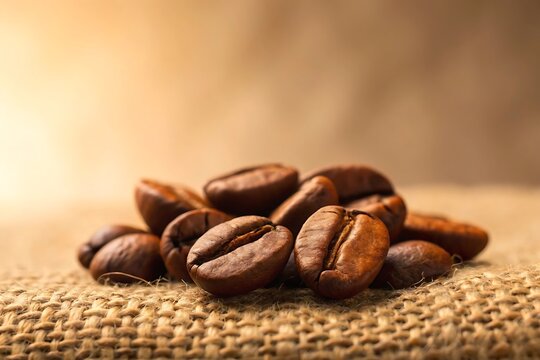 Close up of roasted coffee beans on burlap texture with warm lighting - Powered by Adobe