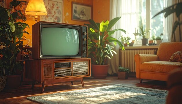 A nostalgic retro living room featuring a vintage classic television showing static, offering a strong analog aesthetic for creative storytelling needs