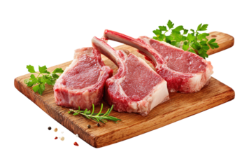 Three pieces of meat on a wooden cutting board, isolated on a transparent background