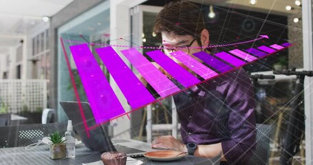 Man typing on laptop, activating AR chart over laptop, monitoring business data while sipping cup - Powered by Adobe