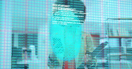 Staffer raising phone and activating biometric scan while fingerprint numeric grid overlaying face