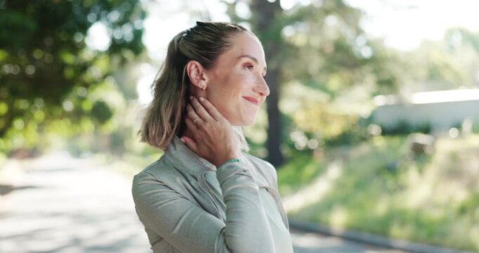 Stretching, neck pain and woman with fitness, injury and relief for fatigue or burnout. Athlete, warm up and runner with mobility, flexibility and muscle strain in nature for health and wellness