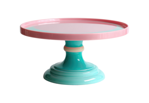 A pink and blue cake stand with a pink base and a blue top, isolated on a transparent background