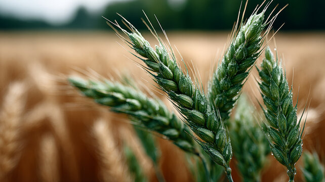 Close-up of green wheat ears in a vast golden field.