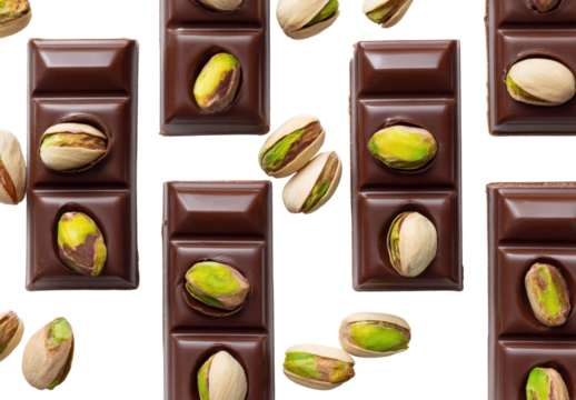 A row of chocolate bars with green nuts on top, isolated on a transparent background