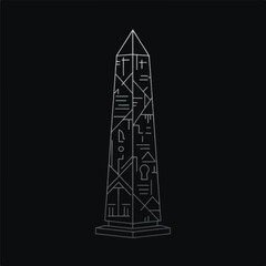 Fototapeta premium Stylized linear obelisk illustration with intricate abstract symbols and geometric patterns on a dark background for modern design projects