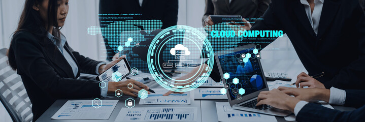 A dynamic scene showcasing business professionals collaborating on cloud computing strategies, featuring advanced technology and data visualization elements in a modern office. Trope