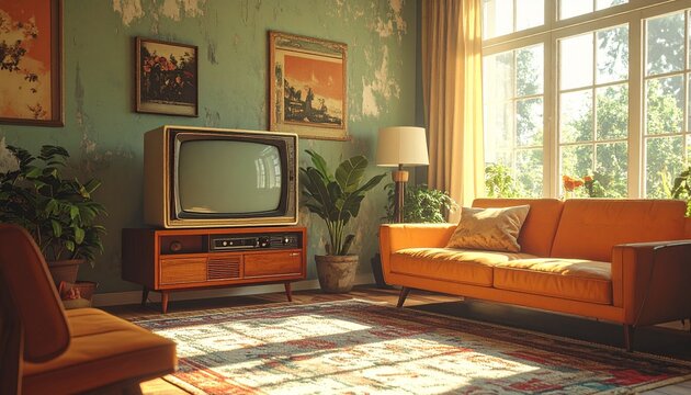 Retro charm captured through a vintage analog television with static on the screen in a cozy nostalgic living room scene ideal for media or design concepts.
- Powered by Adobe