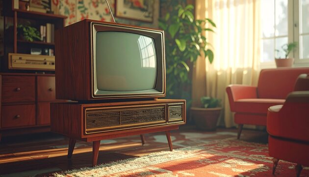 A classic vintage television displaying static in a nostalgic retro living room setting, perfect for themes of analog media and timeless home decor.
