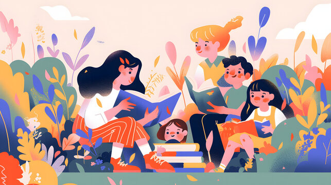 flat illustration of children reading books