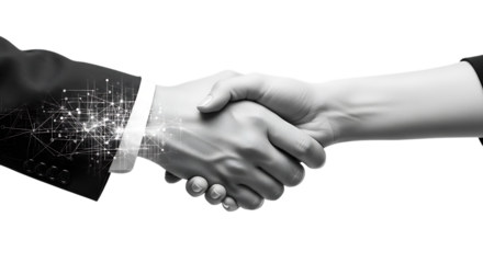 Black And White Image Of Two Hands Shaking With Digital Network Overlay handshake shaking hands isolated on a transparent background