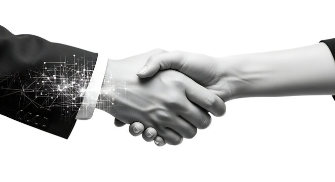Black And White Image Of Two Hands Shaking With Digital Network Overlay handshake shaking hands isolated on a transparent background