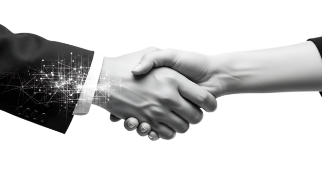 Black And White Image Of Two Hands Shaking With Digital Network Overlay handshake shaking hands isolated on a transparent background