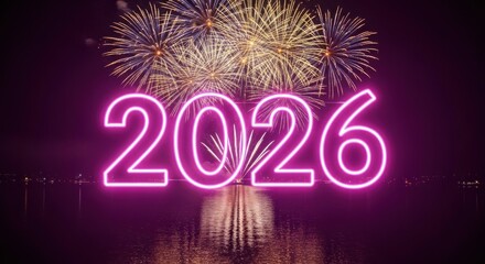 Neon 2026 sign with fireworks display celebrating new years eve