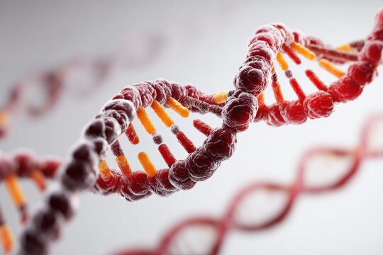 Close-up view of a vivid red DNA double helix with detailed molecular texture and glowing strands. Scientific biotechnology background illustrating genetics, molecular research, medical innovation