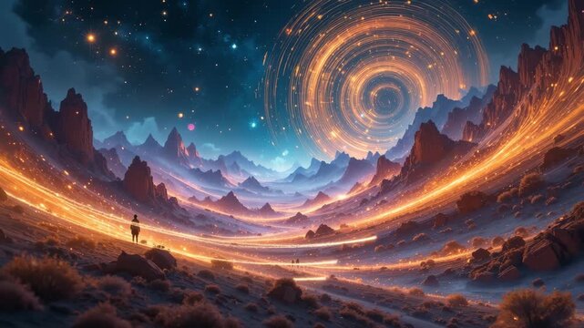 Abstract blue space background with a swirling spiral galaxy, light energy vortex, and colorful star pattern illustration - Powered by Adobe