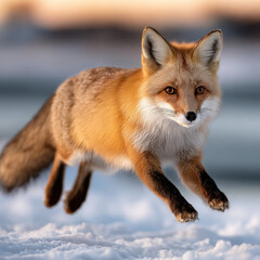 Obraz premium Red fox in snow, elegantly captured in motion.