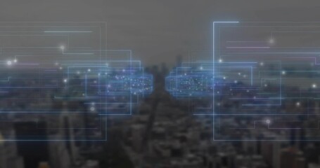Hazy aerial view opening blue holo overlay, grids pulsing, aligning with avenue, showing city data - Powered by Adobe