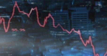 Red chart line on data tick, plunging then rebounding into downtrend, showing market volatility - Powered by Adobe