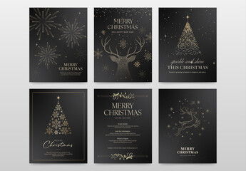 Fototapeta premium Merry Christmas Poster Flyer Set in Luxury Black & Gold for Festive Holiday & New Years Eve Countdown, NYE Gala Invitation & Xmas Branding