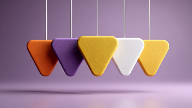 Colorful geometric triangles suspended on strings.