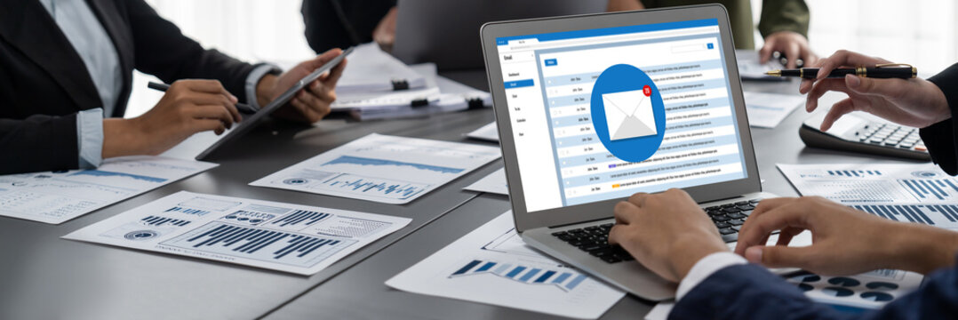 Email notification message showing on computer screen brisk. Digital marketing message information text from business to customer client