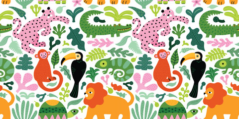 Obraz premium Seamless jungle pattern with lion, monkey, leopard, crocodile, toucan, tropical leaves. Bright cute funny summer illustration, white background, green and pink colors. Vector seamless texture.
