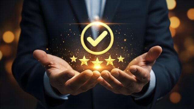Professional hands presenting a radiant golden checkmark and five glowing stars, embodying top-tier customer satisfaction, quality assurance, and excellent business service concept